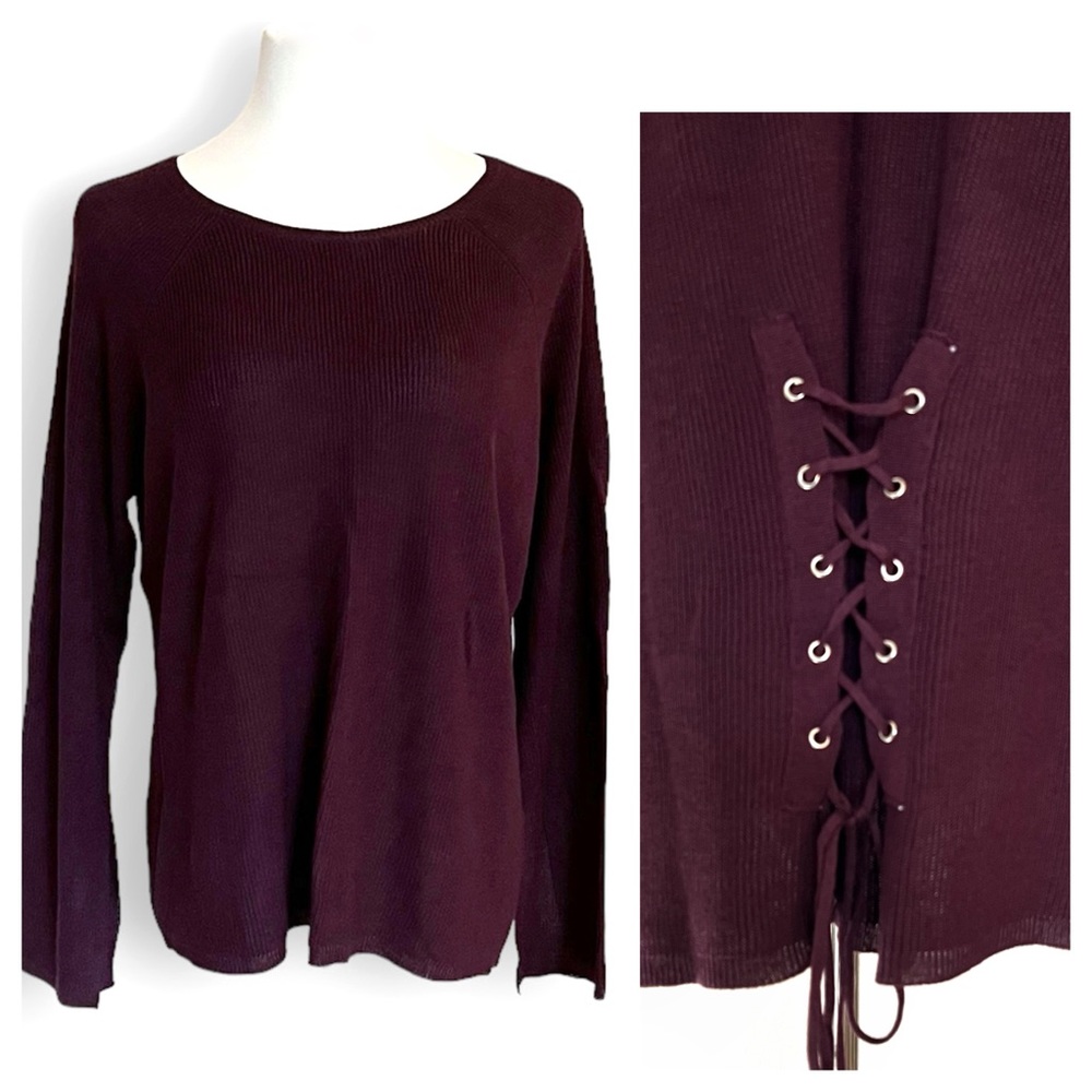 LACE-UP PURPLE BACK SWEATER SPLIT CUFF SLEEVE PLUM WINE CREW NECK SWEATE…